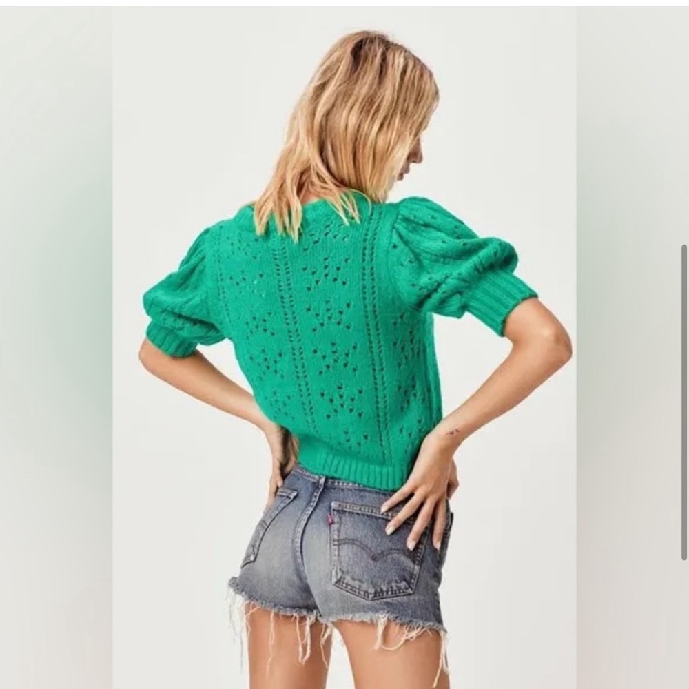 For Love And Lemons Emerald Green Scoop Neck Pointelle Puff Sleeve Sweater - Picture 3 of 9